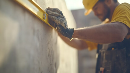 Construction Worker Using Level Tool on Wall