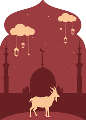 Eid al adha frame iilustration. Crescent moon, mosque, animal, qurban, lantern in frame illustration for eid al adha. Vector isolated