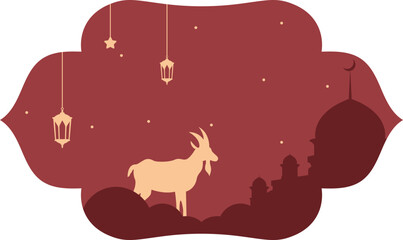 Eid al adha frame iilustration. Crescent moon, mosque, animal, qurban, lantern in frame illustration for eid al adha. Vector isolated