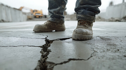 Construction Worker's Boots on Cracked Concrete