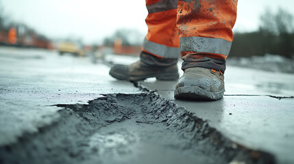 Construction Worker Standing Near a Cracked Road