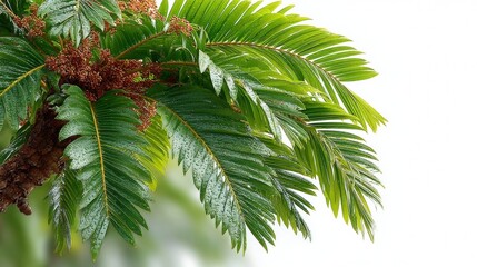 Naklejka premium Rain-Covered Palm Fronds Against White Sky
