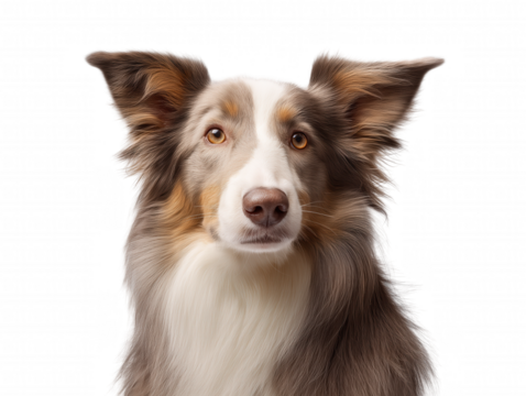 Close-up portrait of a Border Collie with white and brown fur, amber eyes, and transparent background