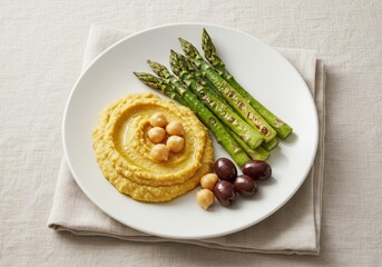 Delicious Plate of Hummus with Chickpeas, Tender Asparagus, and Black Olives on a Simple Linen Background for Healthy Eating Inspiration