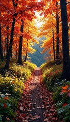 Obraz premium A vibrant autumnal hiking trail winds through a colorful forest, sunlight dappling the leaves Perfect for travel, nature, and adventure themes , mountain, serene