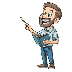 A cheerful educator holds a book and a pointer engaging with students while teaching art concepts in a bright and inviting atmosphere