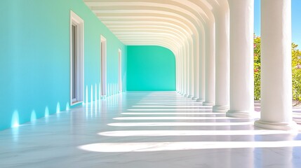 Fototapeta premium Colonnade Architecture with Turquoise Walls and Sunlight
