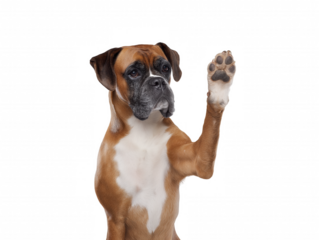 Boxer dog standing on hind legs with paw raised, isolated on transparent background