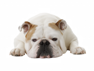 English Bulldog with brown patches on white coat lying on ground with transparent background
