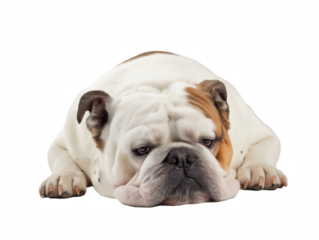 Bulldog lying down with wrinkled face and brown and black patches on transparent background