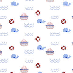 Cute Nautical Seamless Pattern with Watercolor Ships, Whales, Waves, and Lifebuoys &ndash; Transparent Background