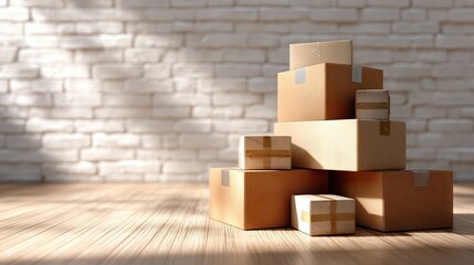 Stacked Brown Kraft Paper Boxes on Wooden Floor with White Brick Wall Background, Eco-Friendly Packaging, Rustic Storage Containers Arrangement