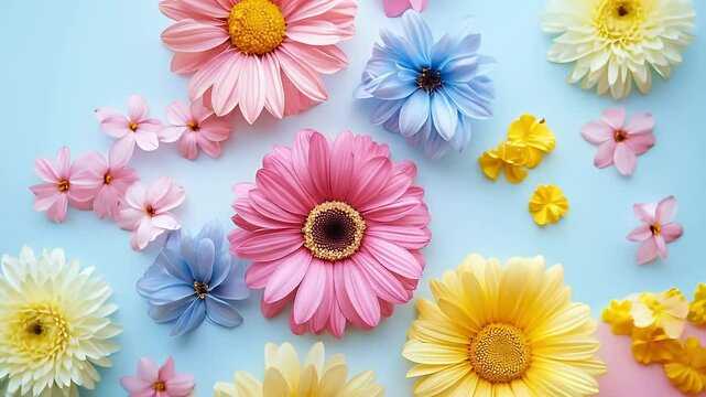 Overhead Shot of Pink Yellow and White Flowers on a Light Blue Background in a Studio Environment for Adobe Stock