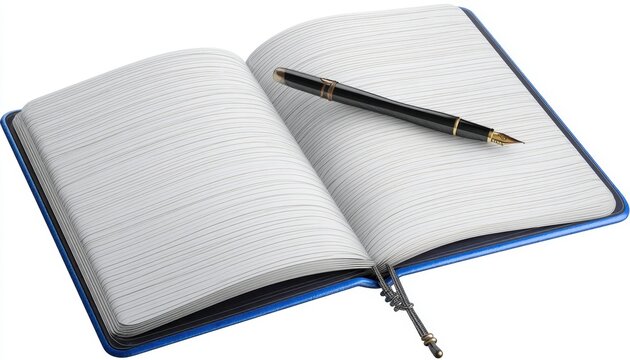 Livro aberto com caneta sobre fundo branco