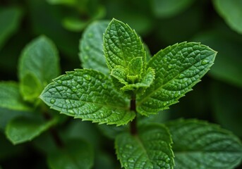 Close up of fresh green mint leaves with water droplets