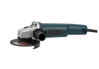 Angled view of a silver and teal angle grinder with a black disc