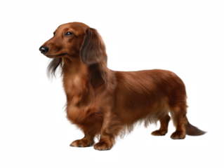 Long-haired dachshund with reddish-brown fur facing left on transparent background