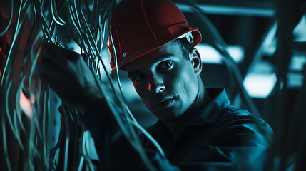 Technician Working with Cables in a Data Center