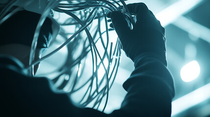 Technician Handling Network Cables in a Data Center