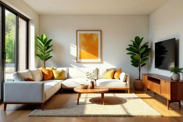 Fototapeta premium A sunlit living room showcases mid-century modern design, featuring clean lines, organic textures, and warm wood tones The space exudes comfort and sophistication , simple, room design, modern