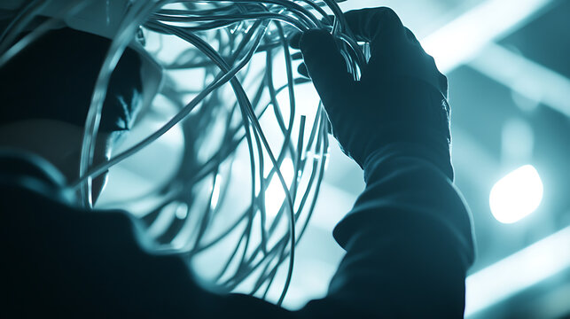 Technician Handling Network Cables in a Data Center - Powered by Adobe