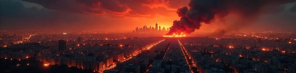 Obraz premium A dramatic, wide shot of a city skyline engulfed in flames during a nighttime revolution, highlighting the chaos and destruction , darkness, liberty, riot
