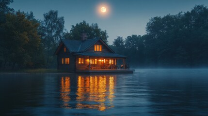 Obraz premium Cozy cabin on a lake at night, lit by warm light