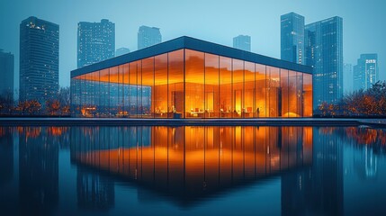 Fototapeta premium Modern glass pavilion reflects in still water, illuminated warmly, amidst cityscape
