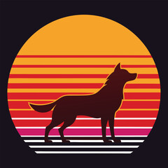 Retro Sunset Wolf Silhouette Vintage Style Canine Art Print