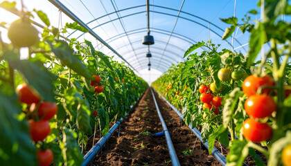 Rows of vibrant red tomatoes grow in a well-maintained greenhouse under a clear blue sky, supported by irrigation pipes and bathed in warm morning sunlight