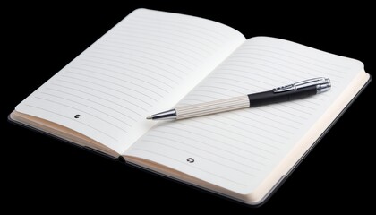 Naklejka premium Caderno aberto com caneta sobre fundo preto
