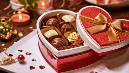 Elegant heart-shaped box of mixed assorted chocolates with chocolate, milk, caramel, bitter. Perfect gift for Valentine's Day