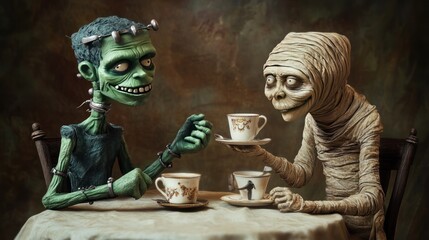 Two monstrous figures, a green Frankenstein and a wrapped mummy, share a tea party.  They're seated at a table, enjoying cups of tea.  Detailed handcrafted figurines, with a unique artistic style