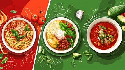 Colorful overhead view of pasta dishes and soup.