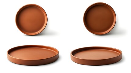Set of brown ceramic plates on a white background.