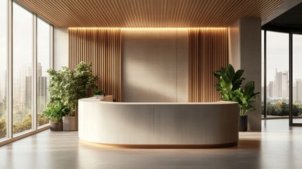 Stylish reception area with modern design and greenery showcasing minimalist aesthetic