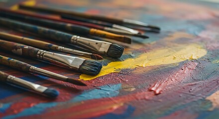Obraz premium This close-up image shows a collection of paint brushes with various brush sizes and handle colors lying on a canvas covered in thick layers of colorful paint.