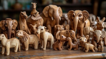Fototapeta premium Handcrafted Wooden Animal Figurines: A Collection of Rustic Charm and Wildlife