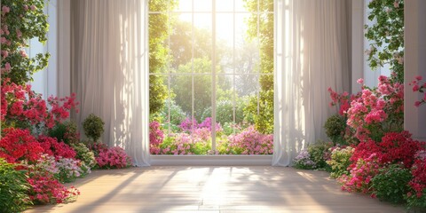 Fototapeta premium Bright and colorful flower-filled room with sunlight streaming through large windows in a serene garden setting