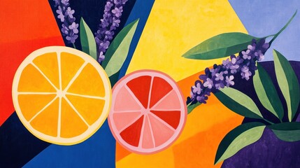 Vibrant citrus and lavender slices on a colorful geometric background