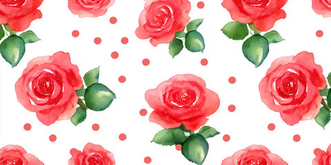 かわいい水彩バラとドットのナチュラルシームレスパターン｜水彩花、ローズデザイン、ガーリー、おしゃれ、フェミニン、植物模様、背景素材、包装紙、和洋兼用、布地デザインに最適