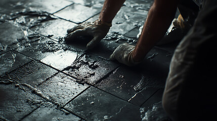 Worker Installing Tiles with Mortar