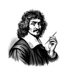 Obraz premium Engraved Portrait of Man with Curly Hair Holding Quill and Wearing Collared Shirt