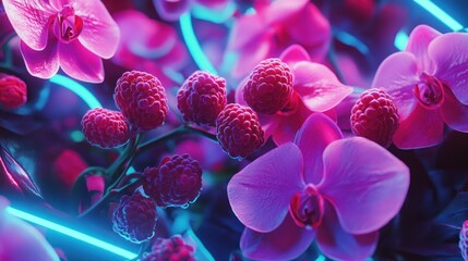 Vibrant floral arrangement bathed in neon light, showcasing pink orchids and raspberries in a surreal, close-up display