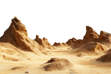 Sandy desert terrain with dry rocky hills and eroded sandstone formations under bright daylight isolated on a transparent background