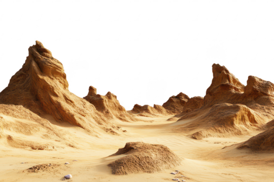 Sandy desert terrain with dry rocky hills and eroded sandstone formations under bright daylight isolated on a transparent background