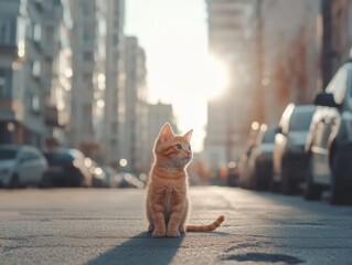 Obraz premium Orange Kitten on City Street at Sunset