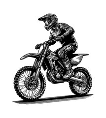 Naklejka premium Detailed Black and White Line Art of Person Riding Motocross Motorcycle with Helmet