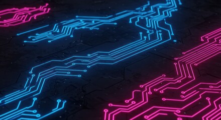 Futuristic circuit board with glowing neon lines.  Complex network of interconnected paths