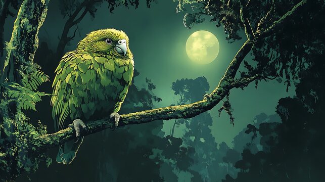 Lush green parrot perched on a branch under a luminous moonlit night sky.